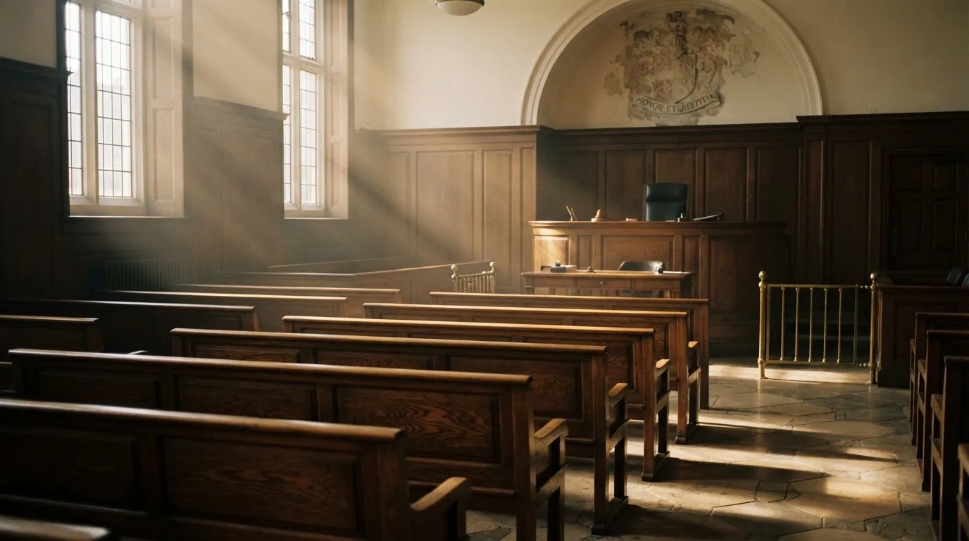 An empty courtroom with wooden benches in morning light