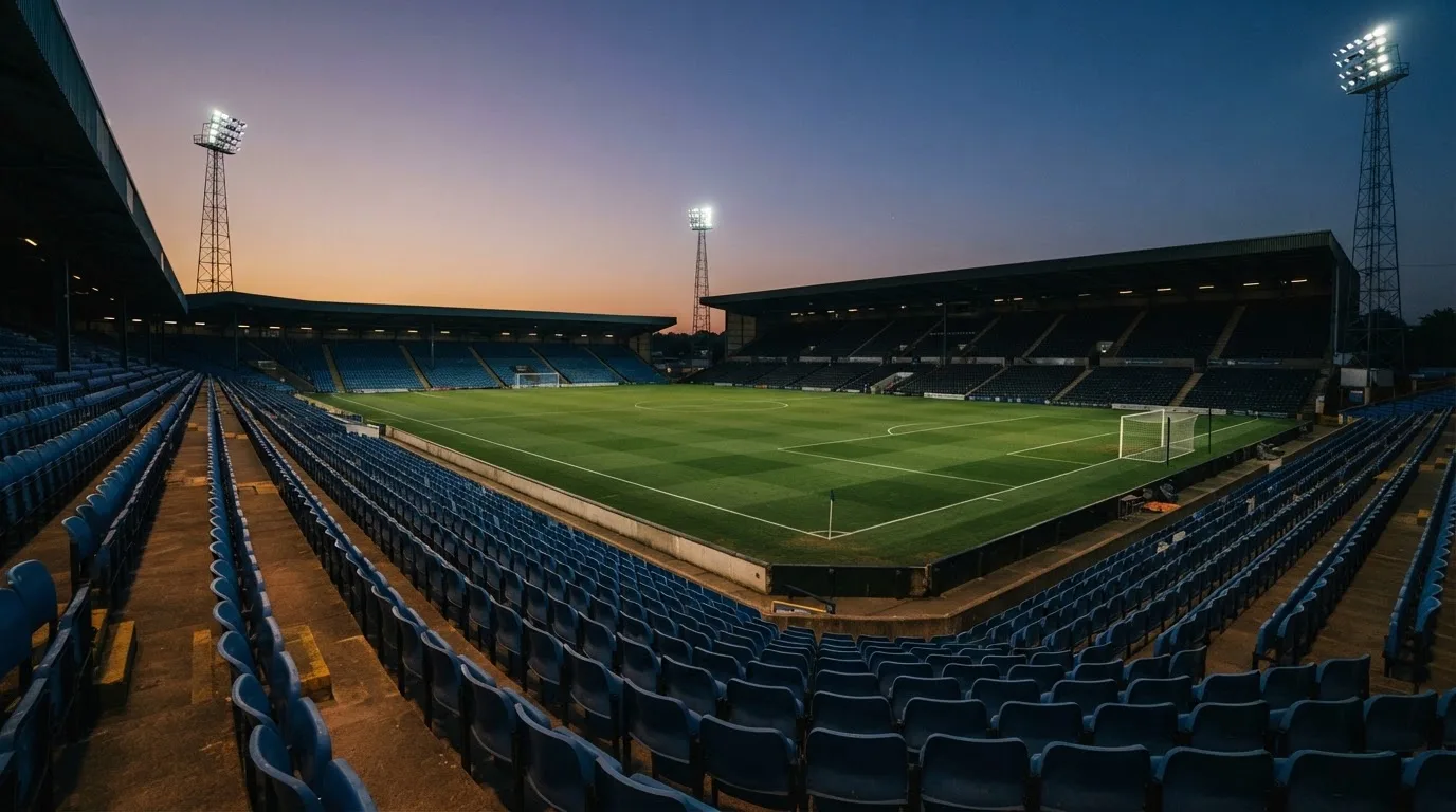 An empty football stadium with floodlight masts at dusk