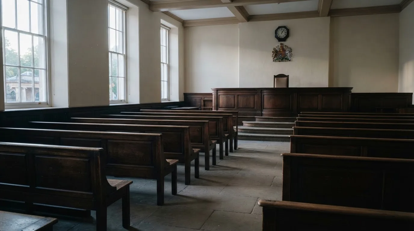 An empty courtroom with wooden benches in morning light