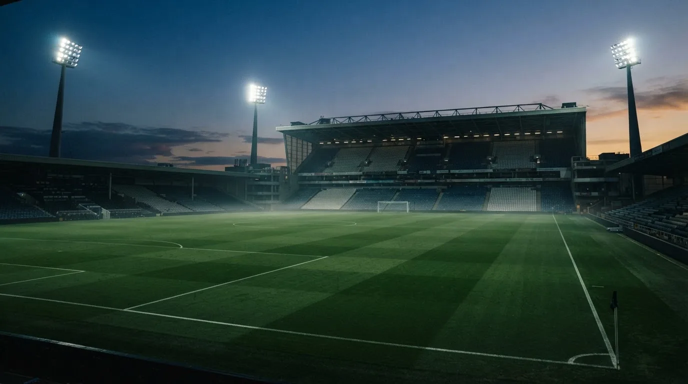 An empty football stadium with floodlight masts at dusk