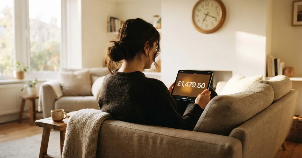 A person on a sofa looking thoughtfully at a tablet, a wall clock in the background