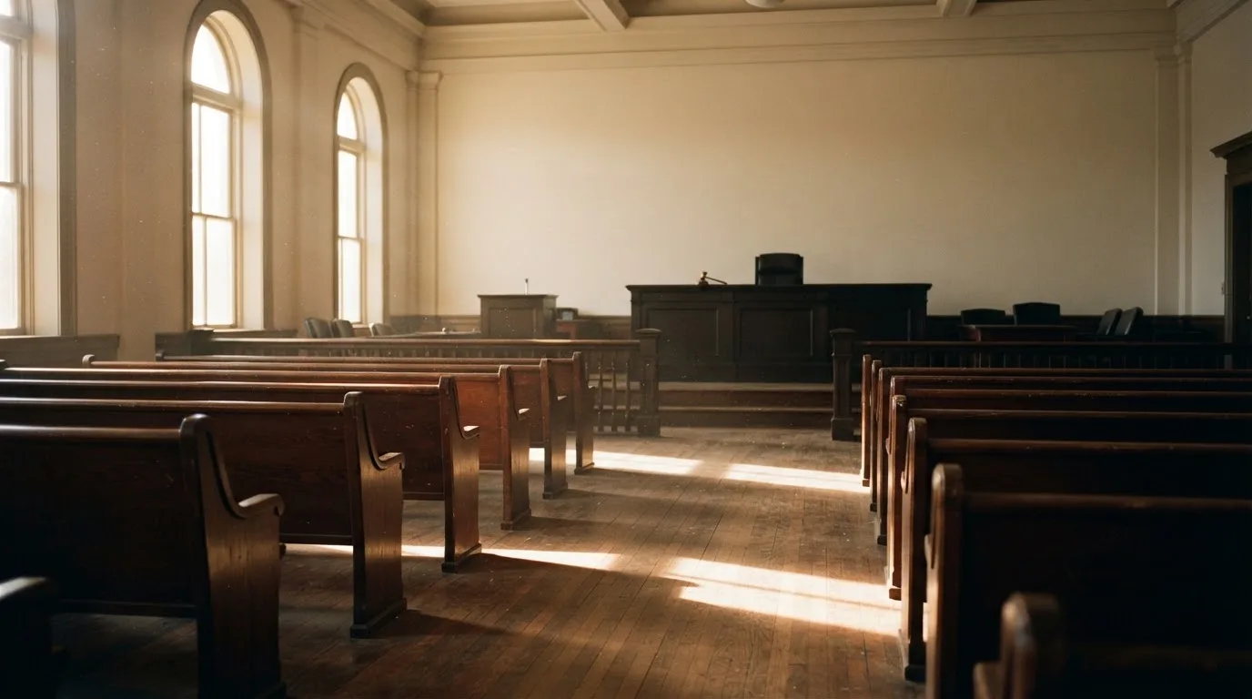 An empty courtroom with wooden benches in morning light