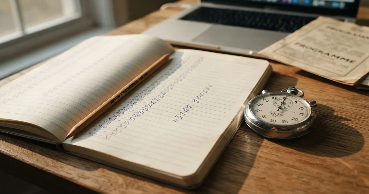 An open notebook with a pencil and a stopwatch on a wooden table