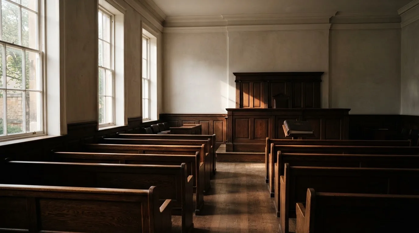 An empty courtroom with wooden benches in morning light
