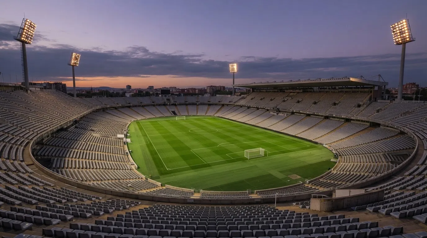 An empty football stadium with floodlight masts at dusk