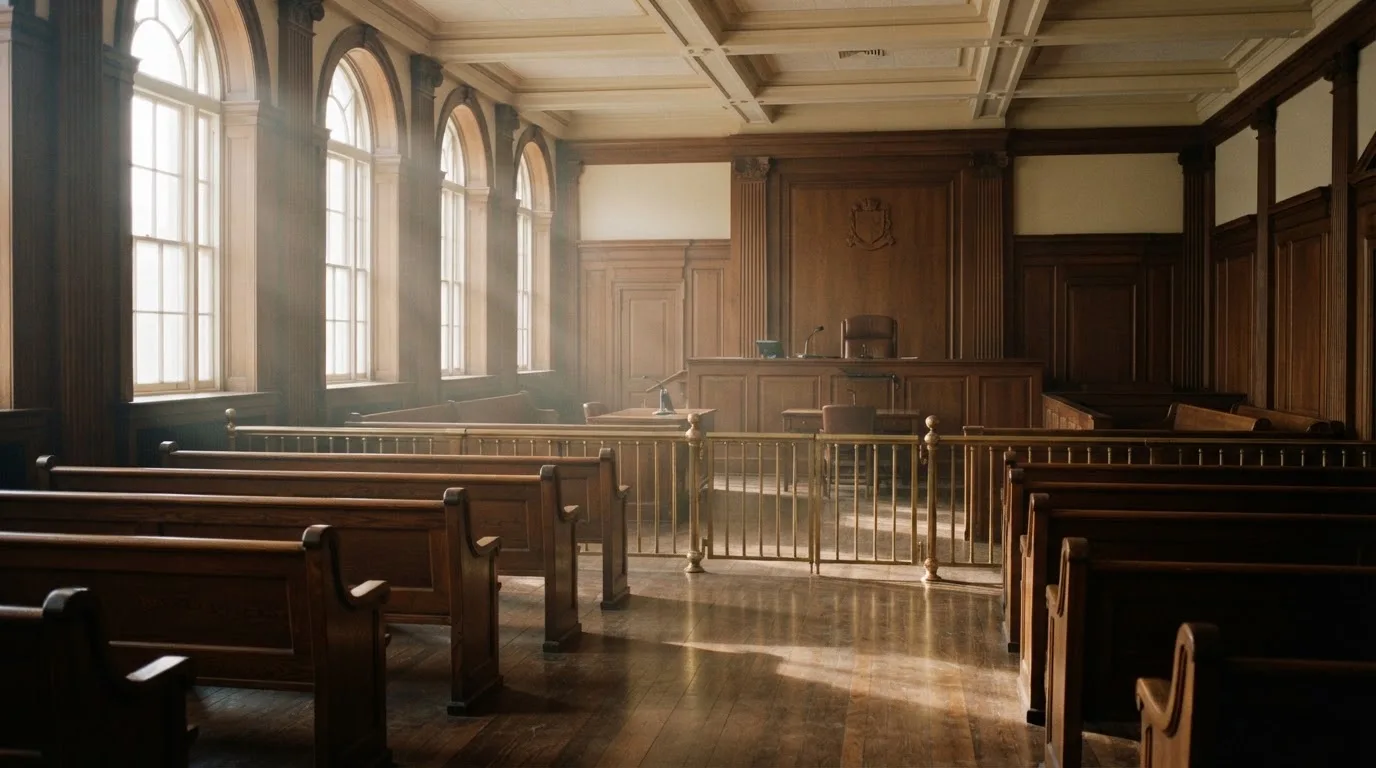 An empty courtroom with wooden benches in morning light