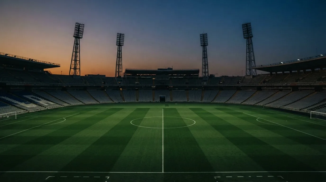 An empty football stadium with floodlight masts at dusk