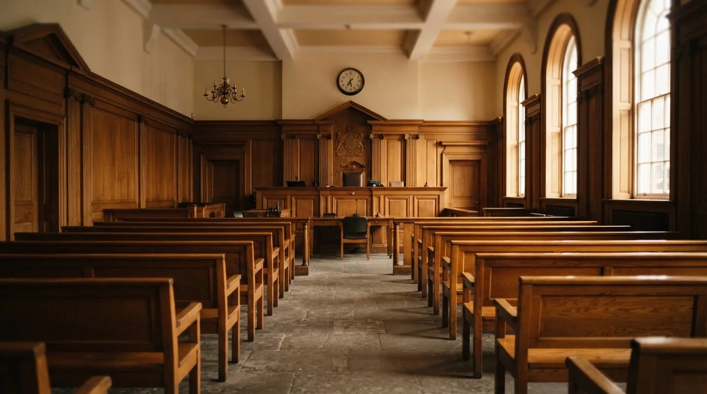 An empty courtroom with wooden benches in morning light