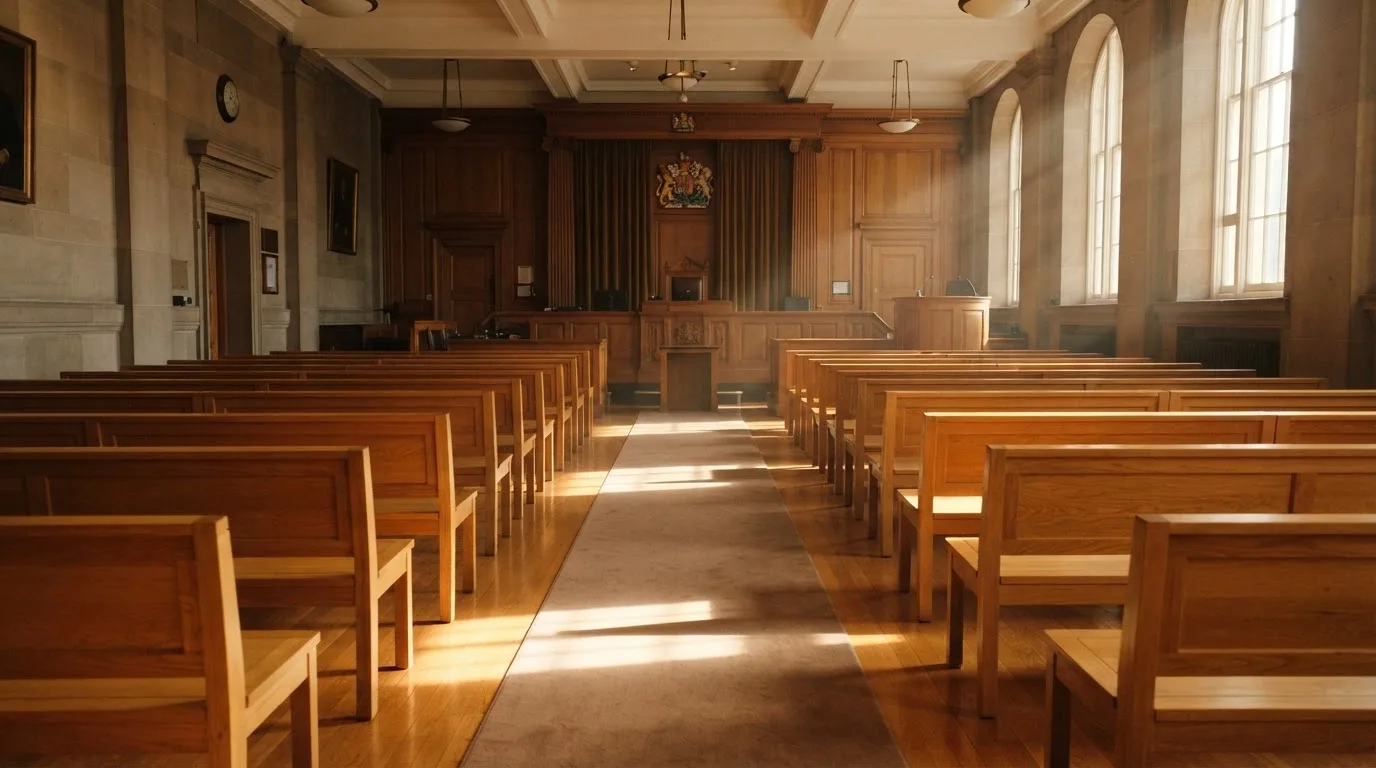 An empty courtroom with wooden benches in morning light
