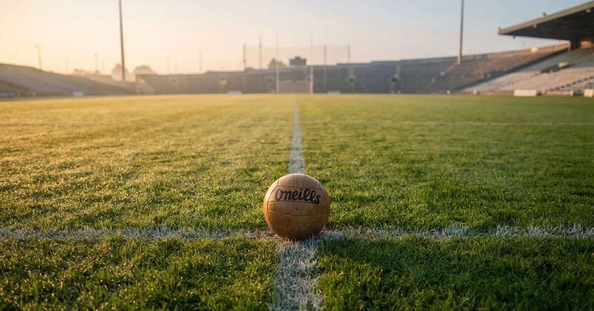 A ball on the centre spot of a grass pitch in morning light