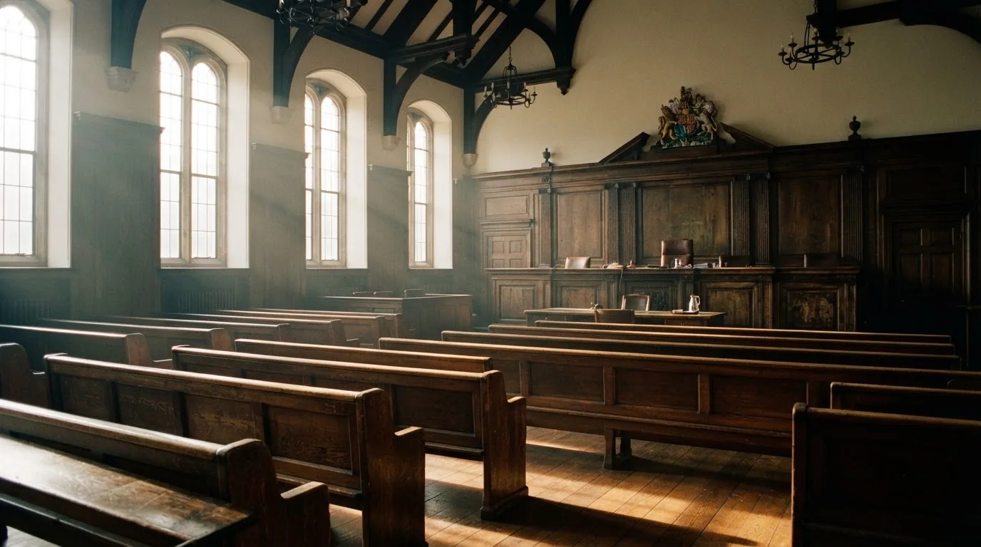 An empty courtroom with wooden benches in morning light