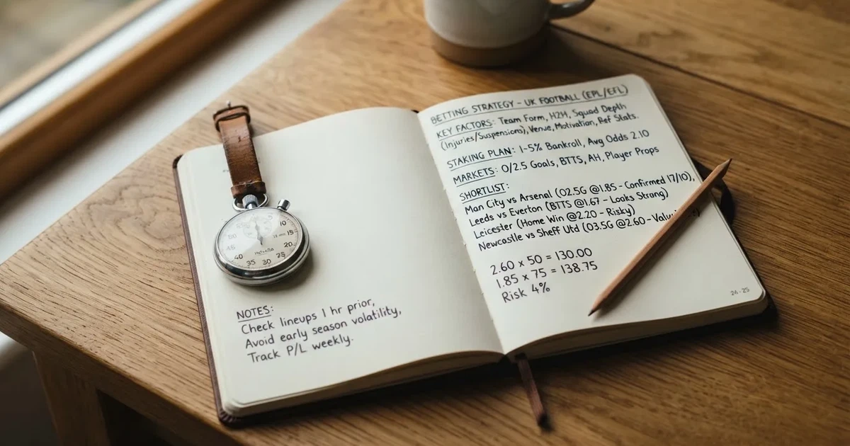 An open notebook with a pencil and a stopwatch on a wooden table