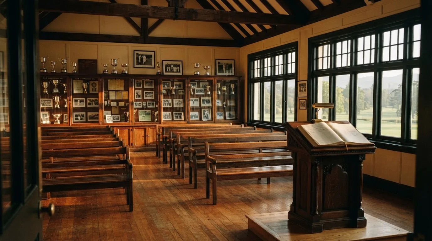 An empty courtroom with wooden benches in morning light