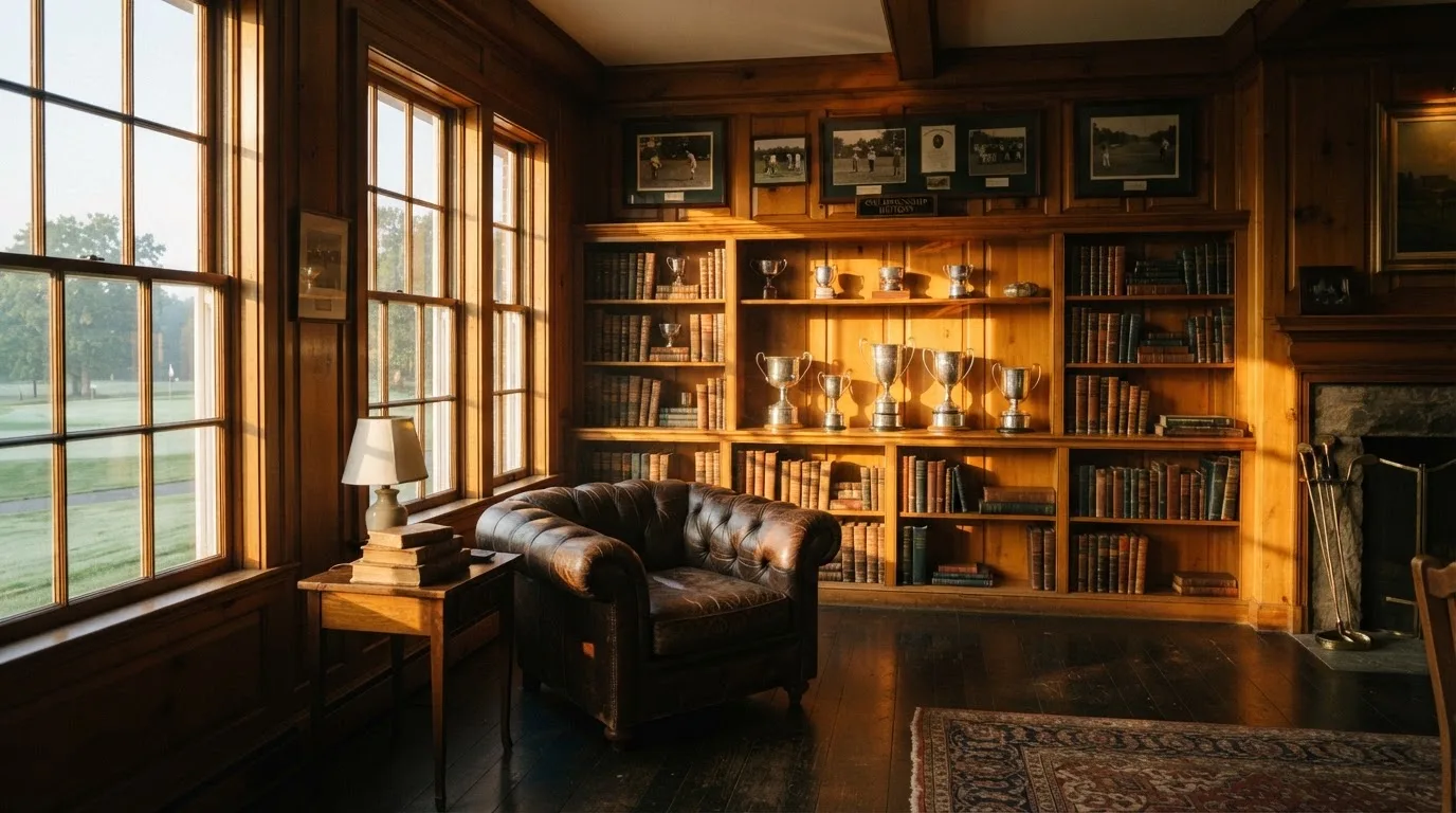 An empty courtroom with wooden benches in morning light