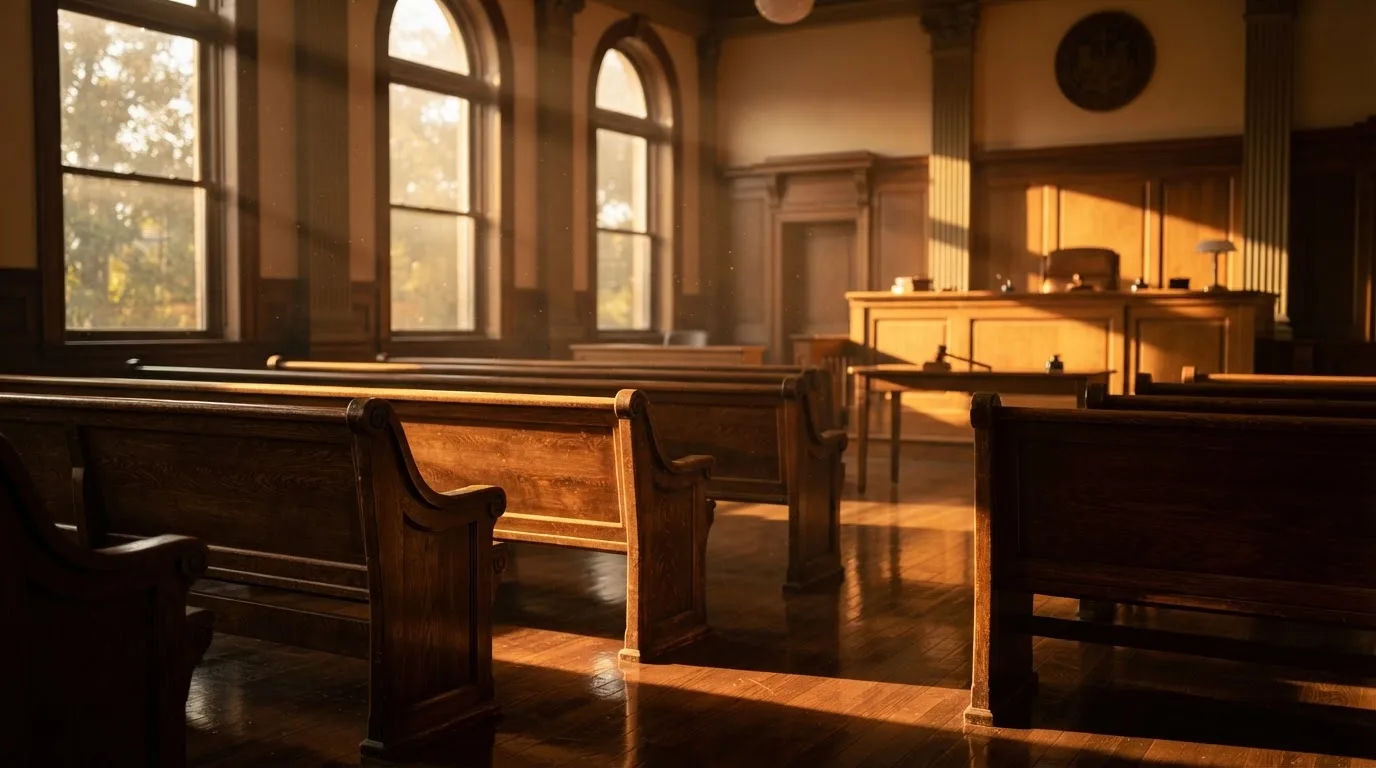 An empty courtroom with wooden benches in morning light