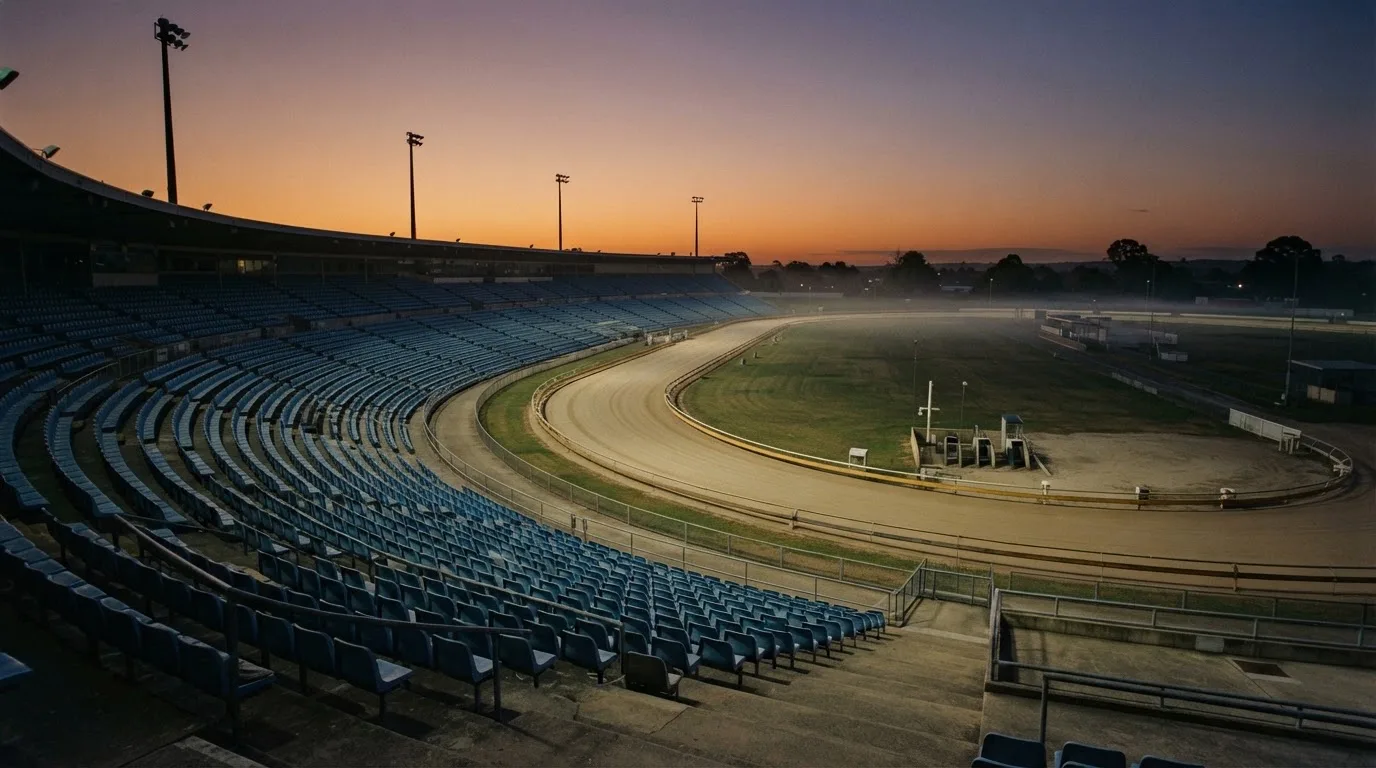 An empty football stadium with floodlight masts at dusk