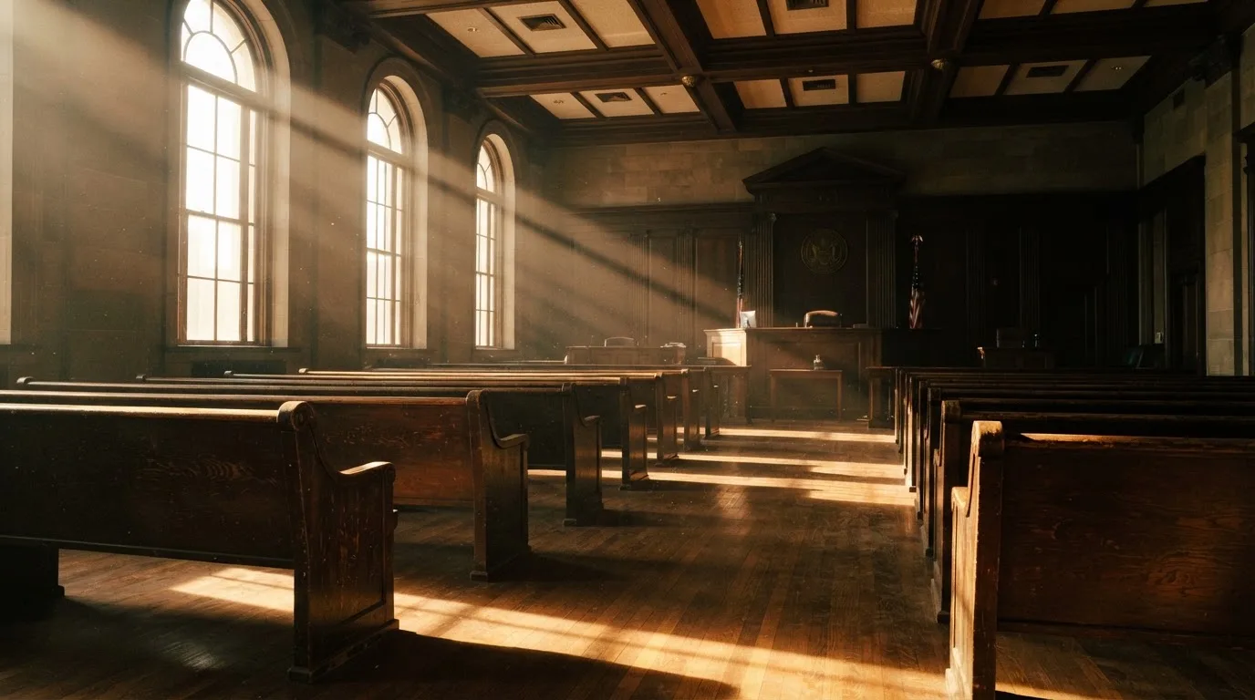 An empty courtroom with wooden benches in morning light