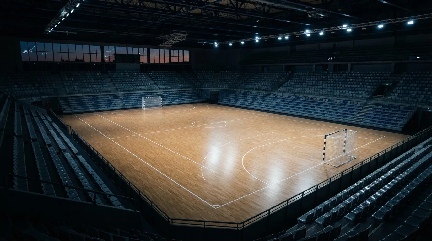 An empty football stadium with floodlight masts at dusk
