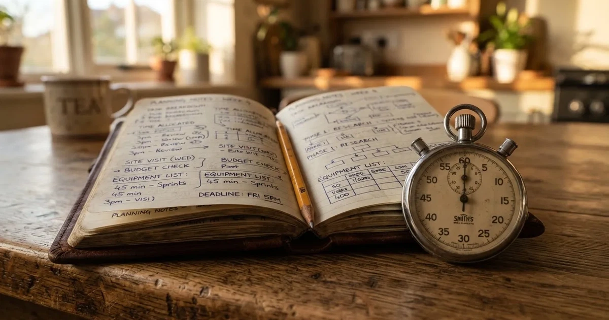 An open notebook with a pencil and a stopwatch on a wooden table