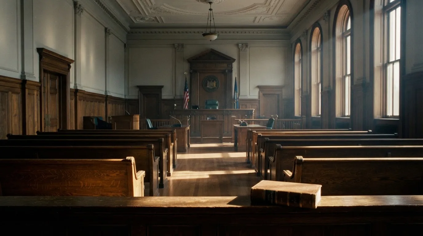 An empty courtroom with wooden benches in morning light
