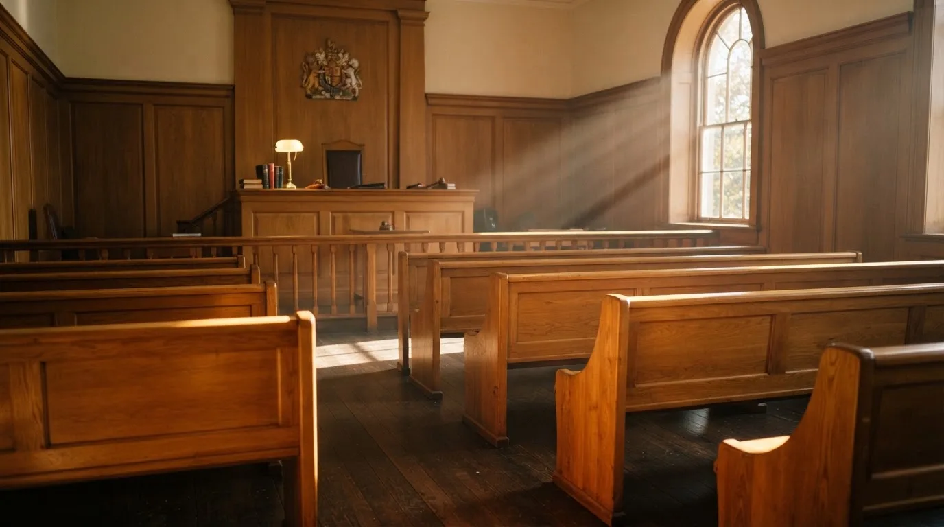 An empty courtroom with wooden benches in morning light