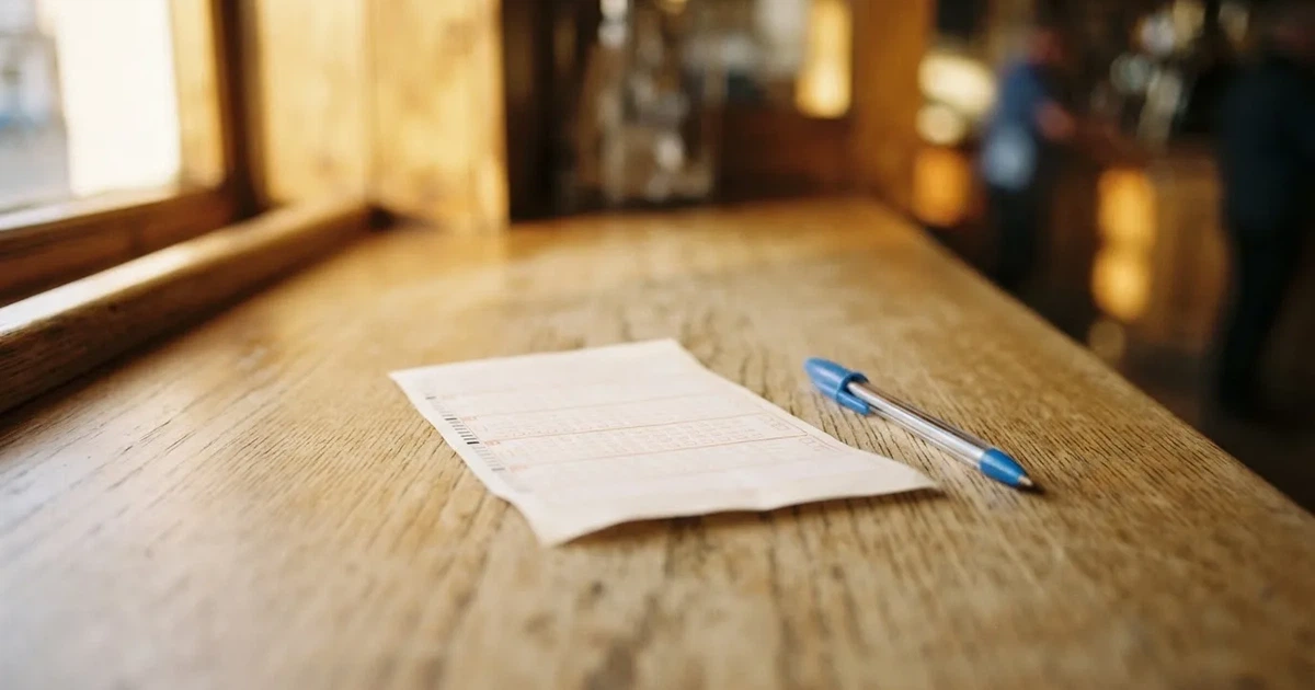 A blank paper betting slip beside a pen on a wooden counter