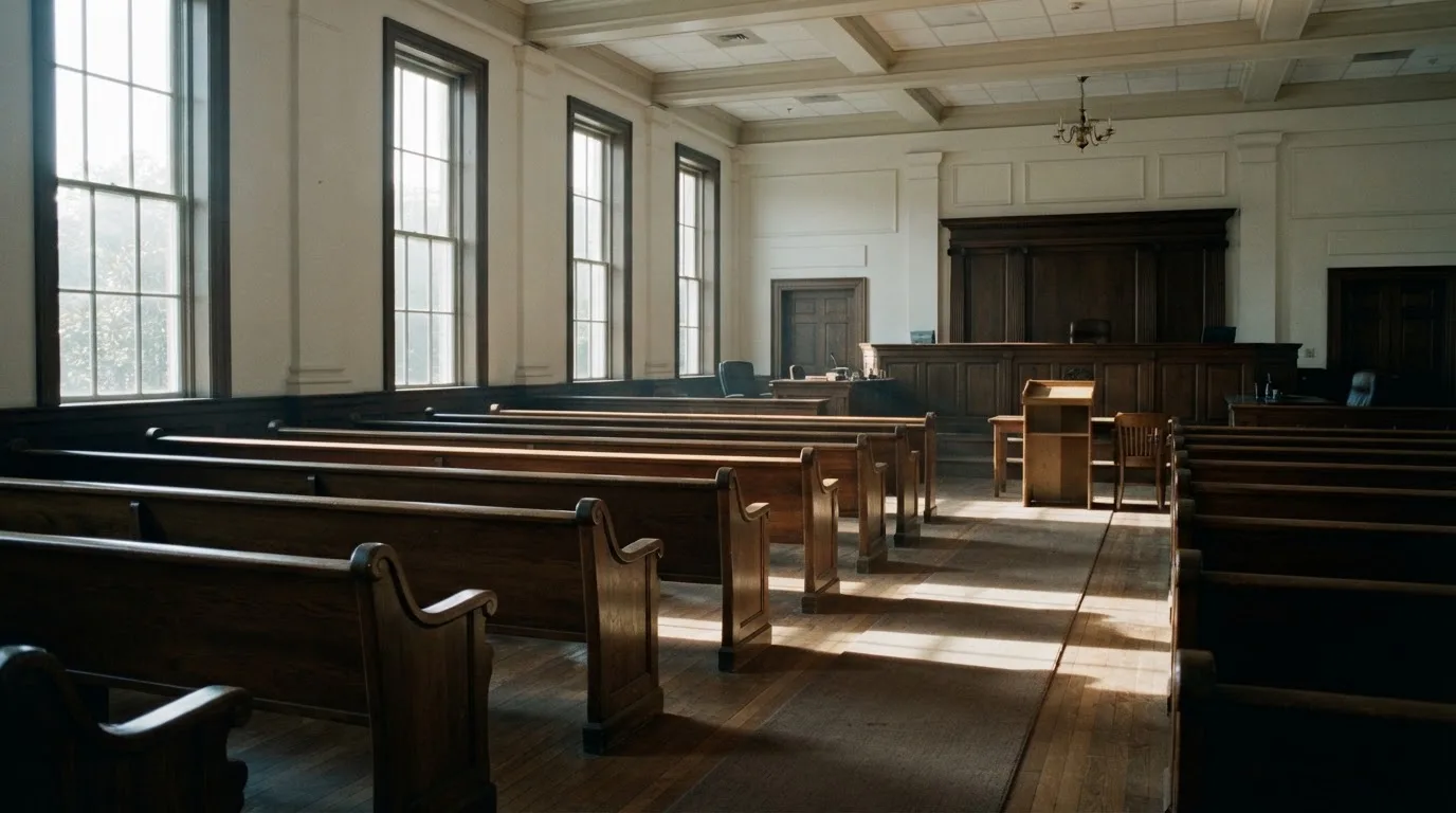 An empty courtroom with wooden benches in morning light