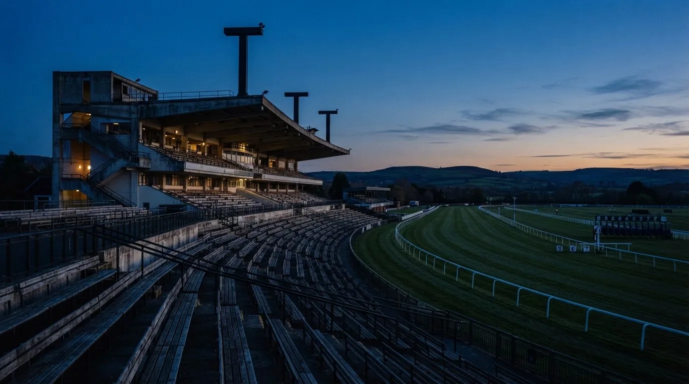 An empty football stadium with floodlight masts at dusk