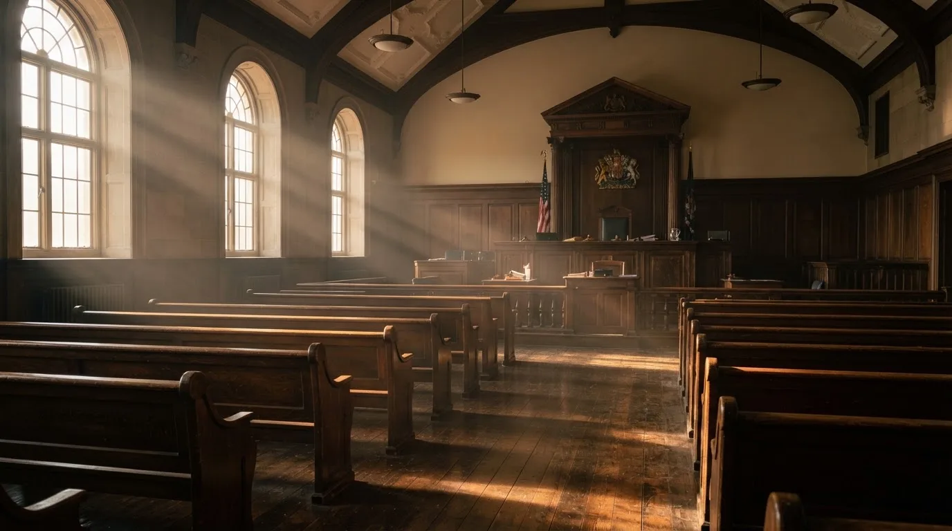 An empty courtroom with wooden benches in morning light