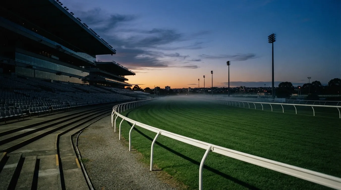 An empty football stadium with floodlight masts at dusk