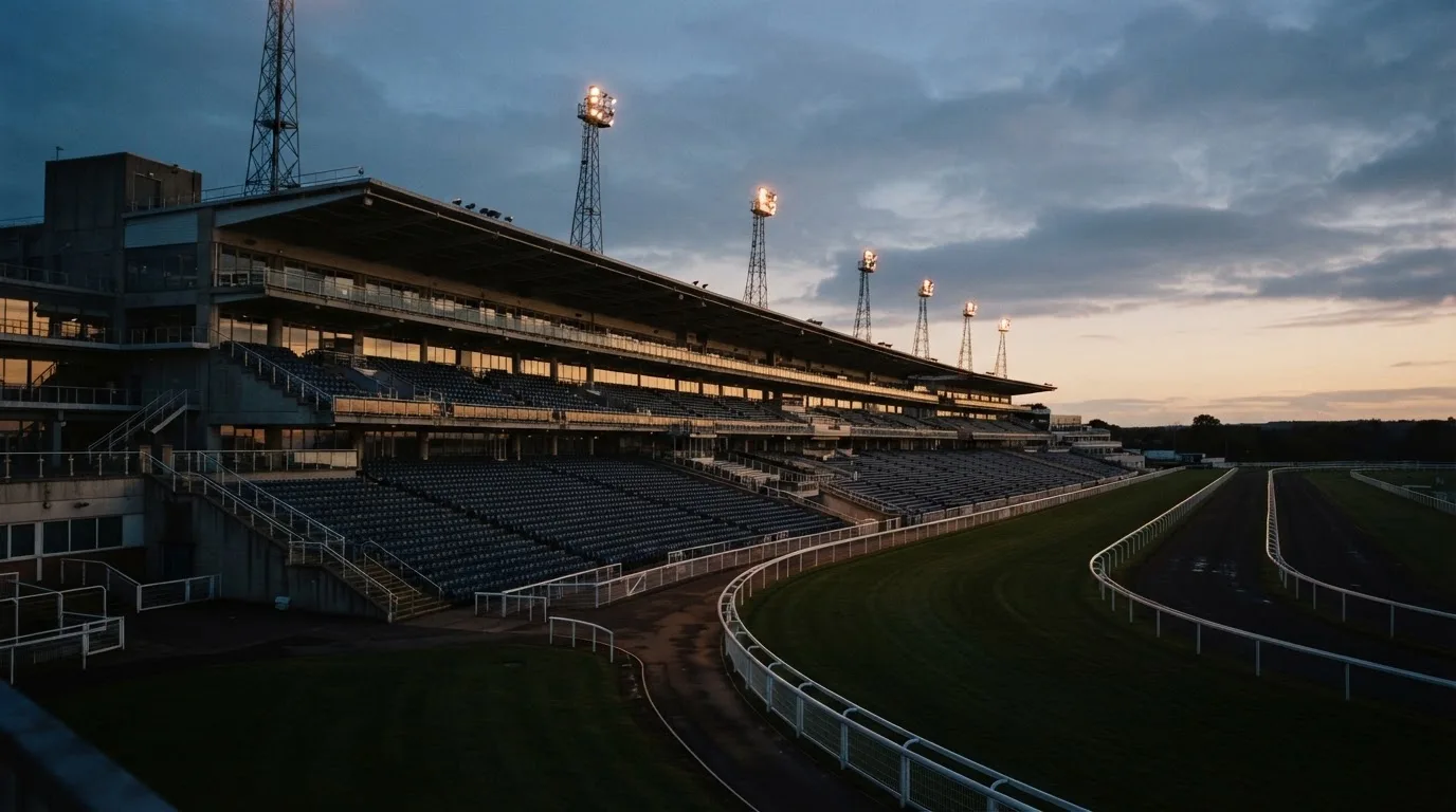 An empty football stadium with floodlight masts at dusk