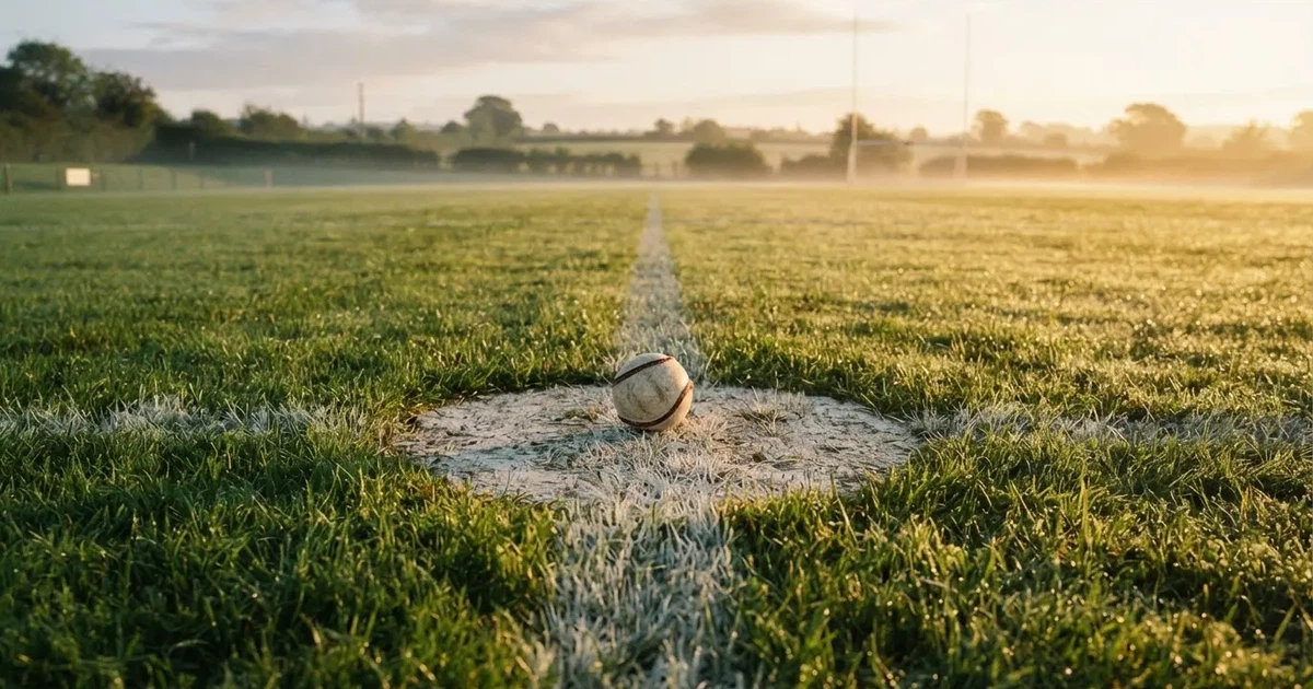 A ball on the centre spot of a grass pitch in morning light
