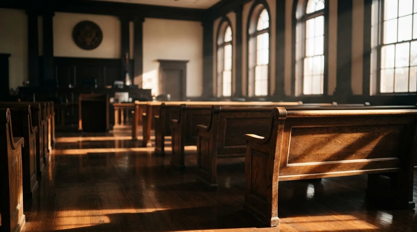 An empty courtroom with wooden benches in morning light
