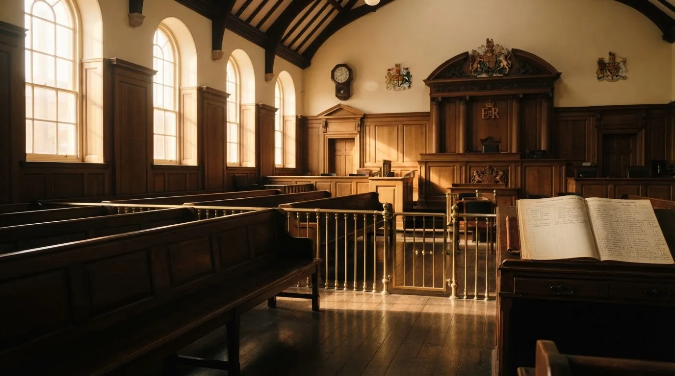 An empty courtroom with wooden benches in morning light