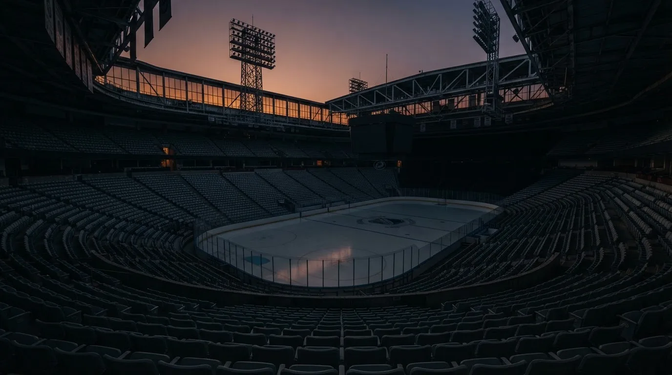 An empty football stadium with floodlight masts at dusk