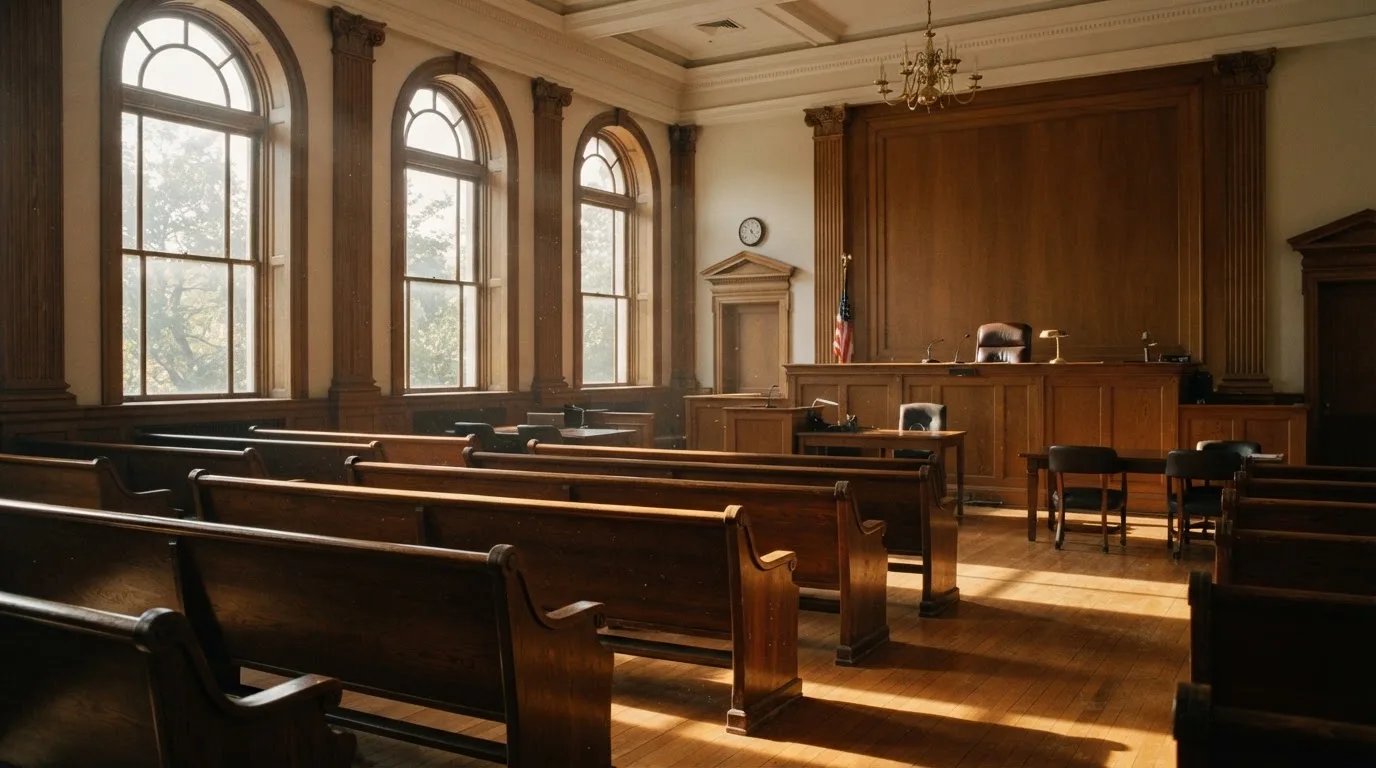 An empty courtroom with wooden benches in morning light