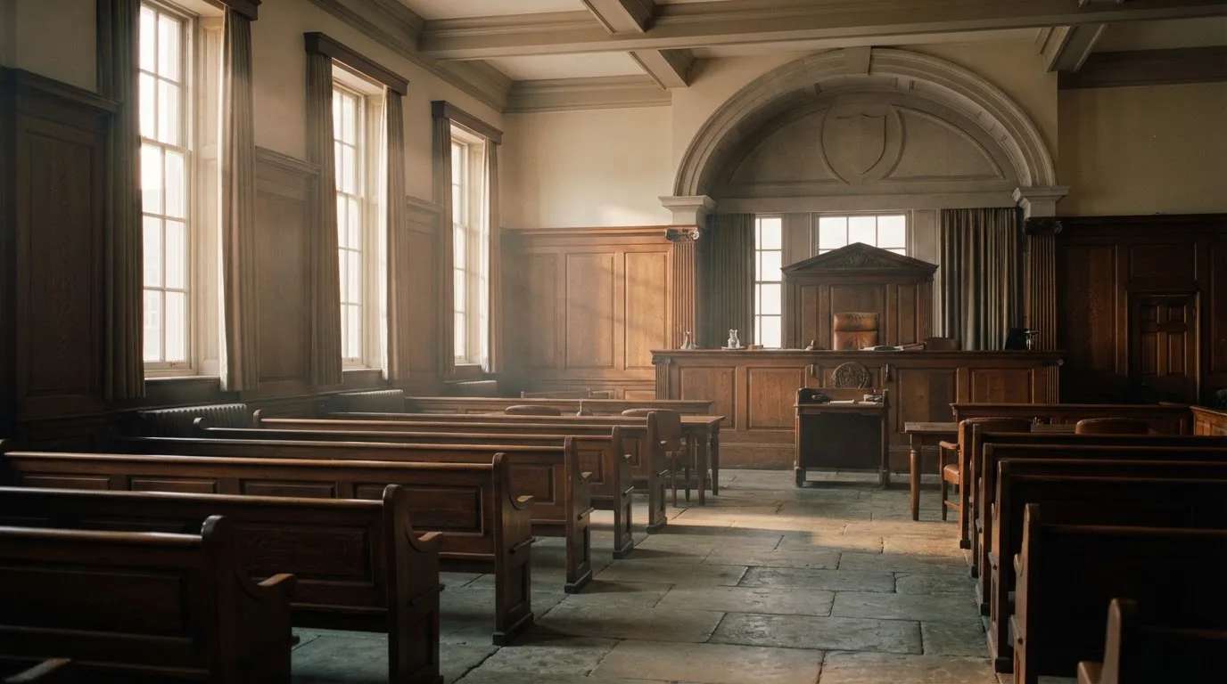 An empty courtroom with wooden benches in morning light