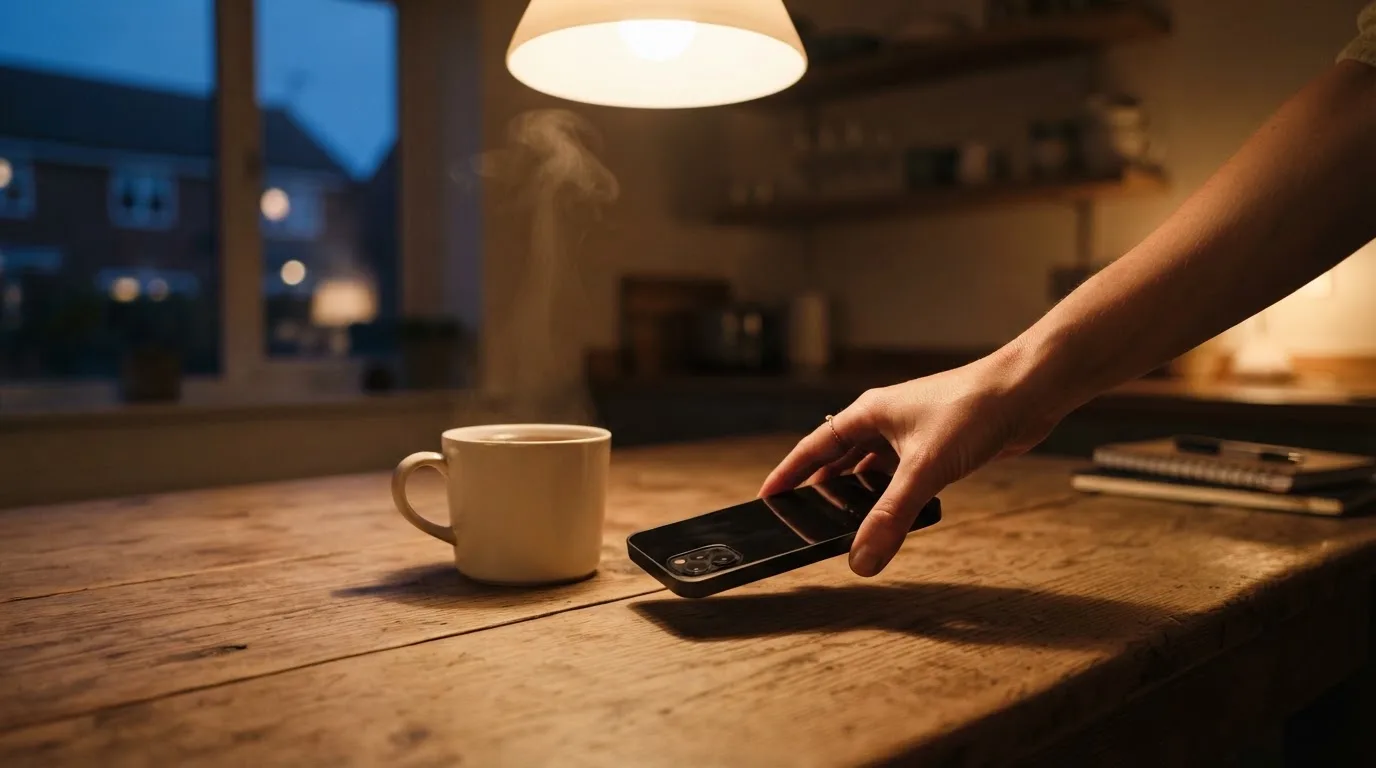 A hand setting a smartphone down beside a cup of tea on a kitchen table on a quiet evening