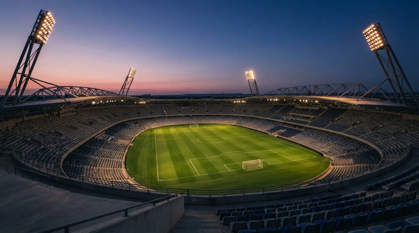 An empty football stadium with floodlight masts at dusk