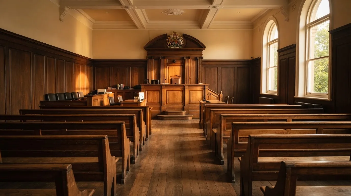 An empty courtroom with wooden benches in morning light