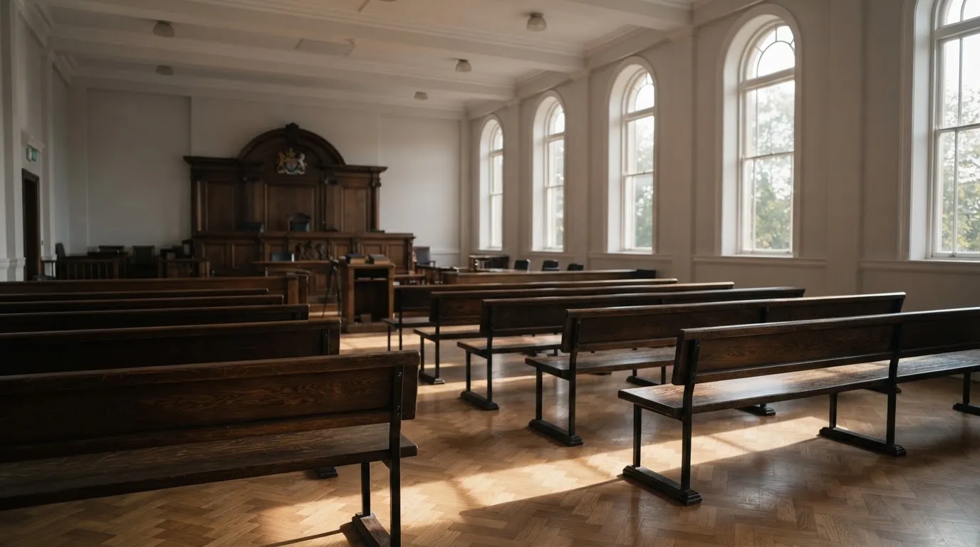 An empty courtroom with wooden benches in morning light