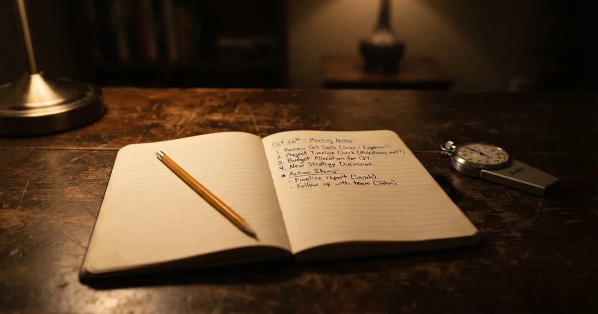 An open notebook with a pencil and a stopwatch on a wooden table