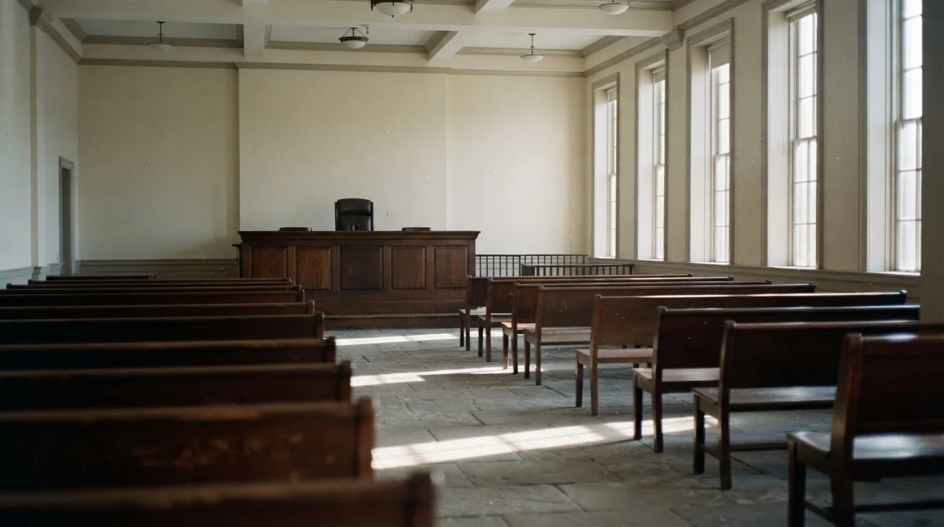 An empty courtroom with wooden benches in morning light