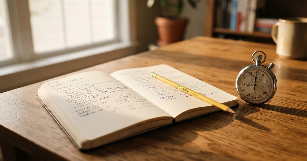 An open notebook with a pencil and a stopwatch on a wooden table