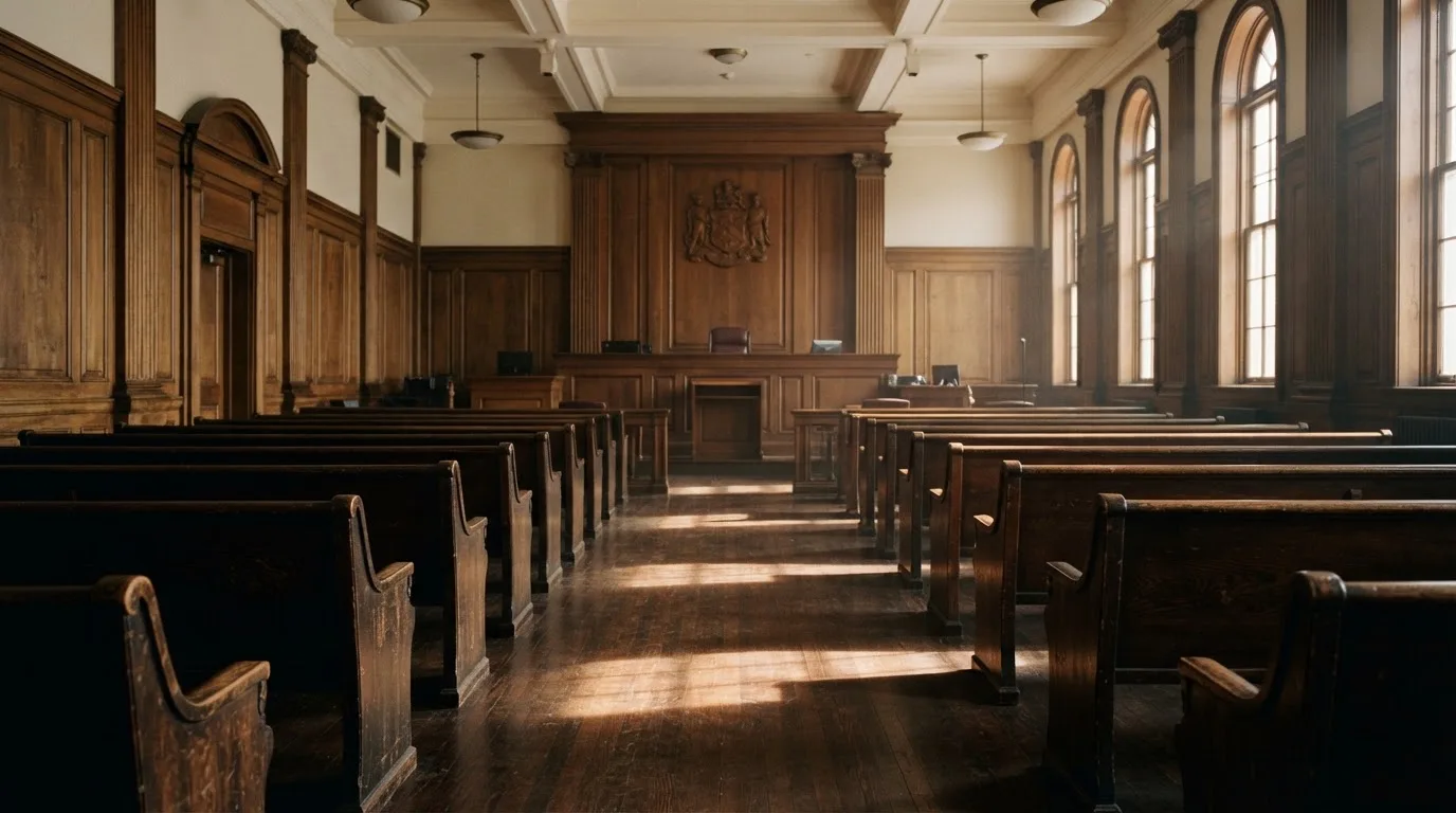 An empty courtroom with wooden benches in morning light