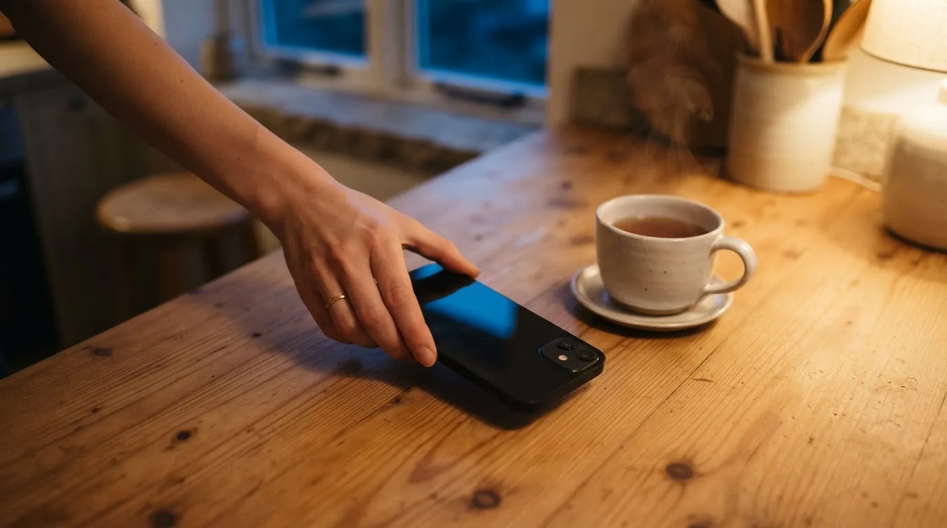 A hand setting a smartphone down beside a cup of tea on a kitchen table on a quiet evening