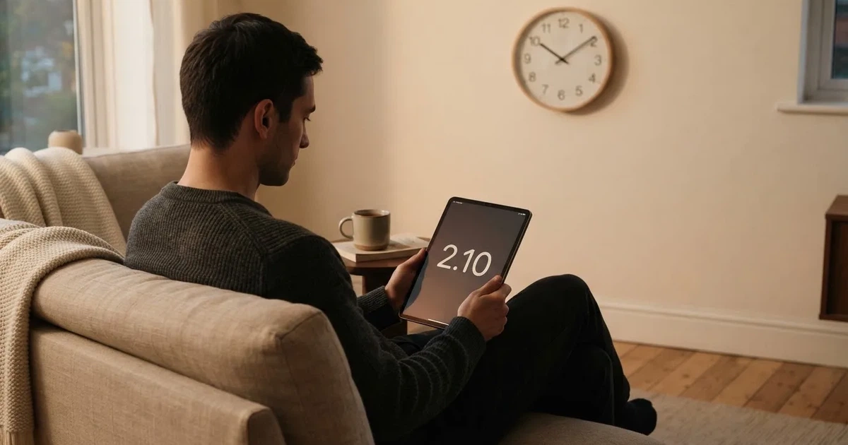 A person on a sofa looking thoughtfully at a tablet, a wall clock in the background