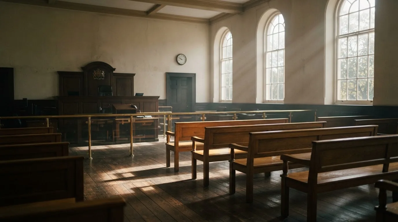 An empty courtroom with wooden benches in morning light