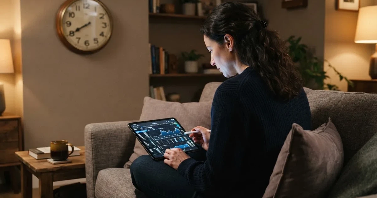 A person on a sofa looking thoughtfully at a tablet, a wall clock in the background