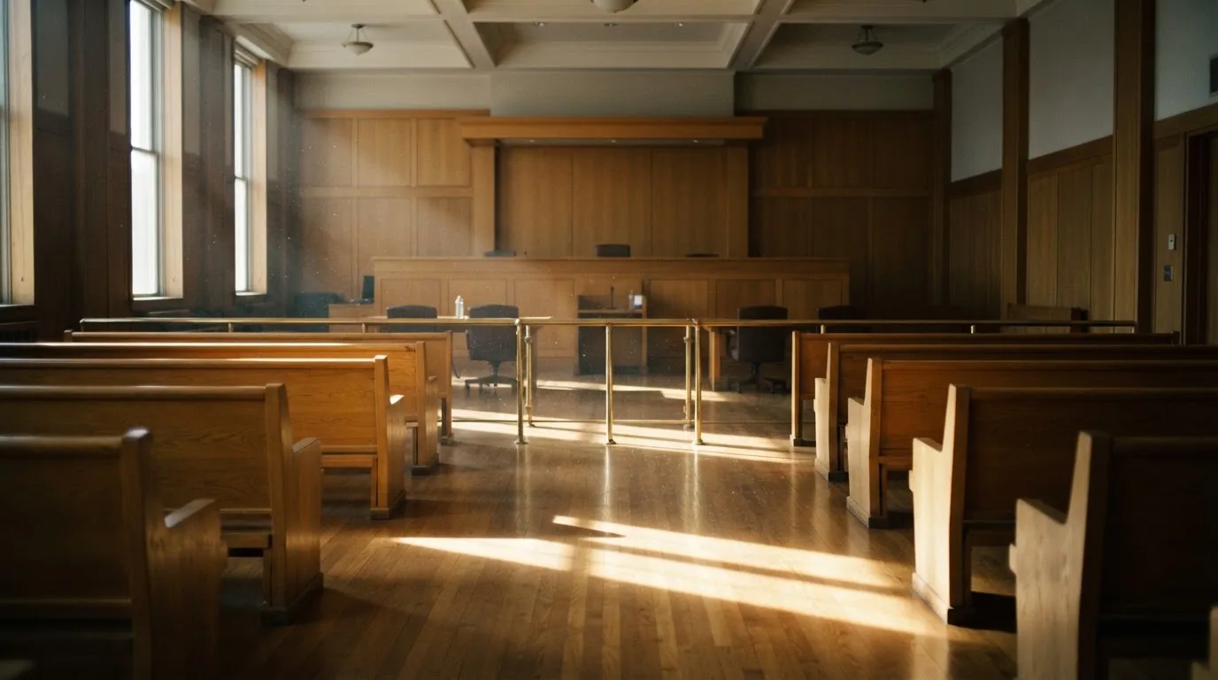 An empty courtroom with wooden benches in morning light